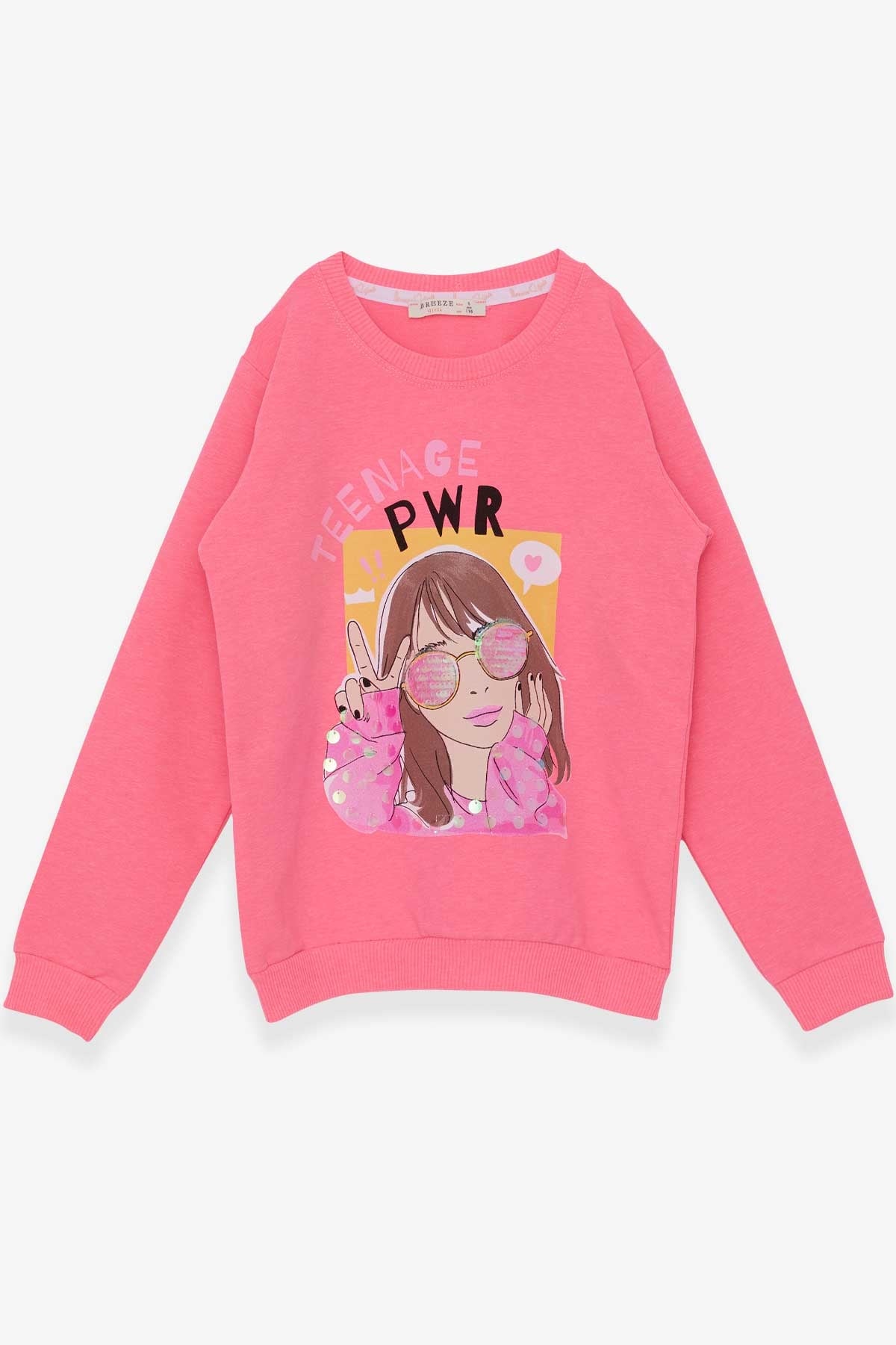 Breeze Kız Çocuk Sweatshirt Gözlüklü Pullu Kız Baskılı Neon Pembe (6-12 Yaş)