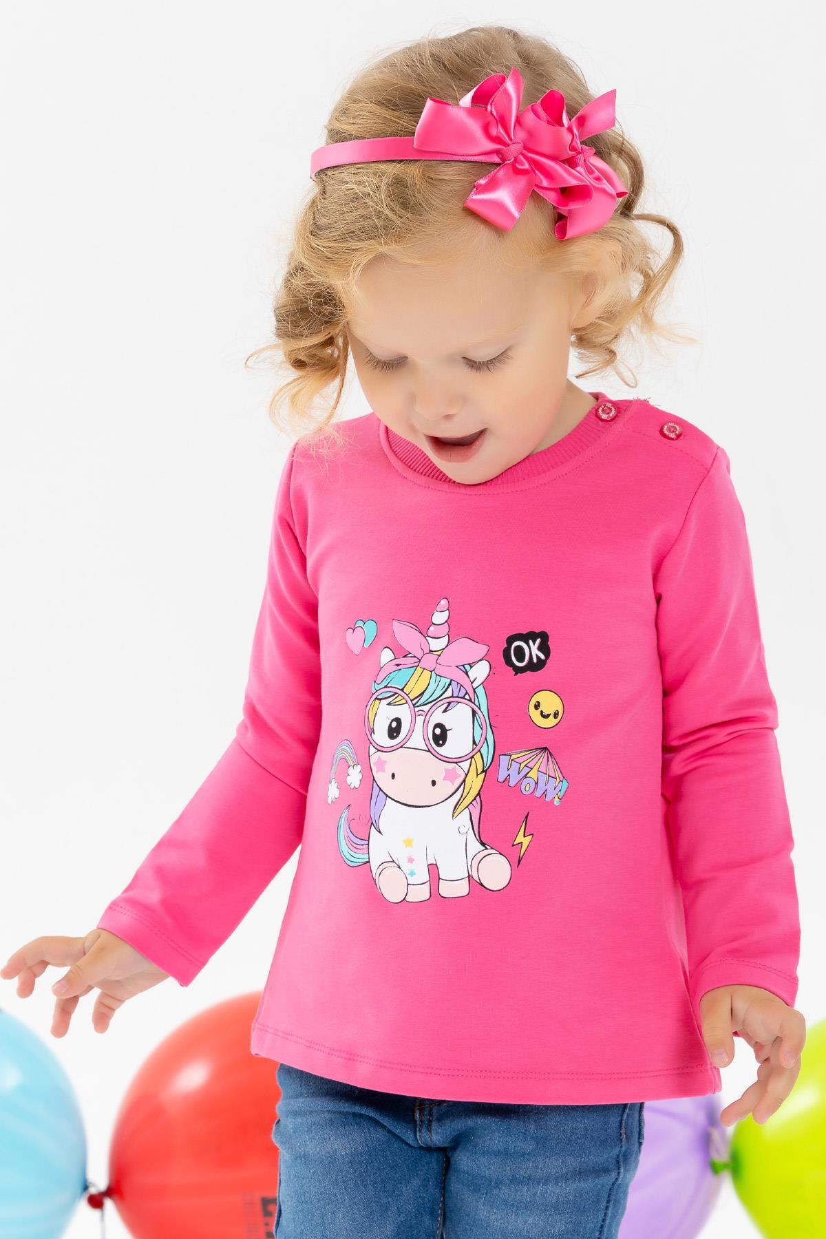Breeze Kız Çocuk Sweatshirt Gözlüklü Unicorn Baskılı Pembe (3 Yaş)