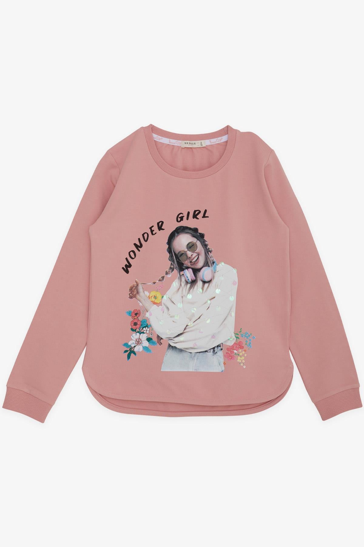 Breeze Kız Çocuk Sweatshirt Harika Kız Yazı Baskılı Çiçekli Somon (9-14 Yaş)