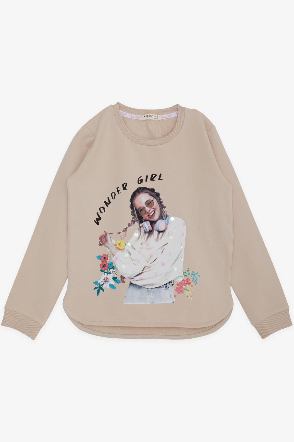 Breeze Kız Çocuk Sweatshirt Harika Kız Yazı Baskılı Çiçekli Bej (9-14 Yaş)