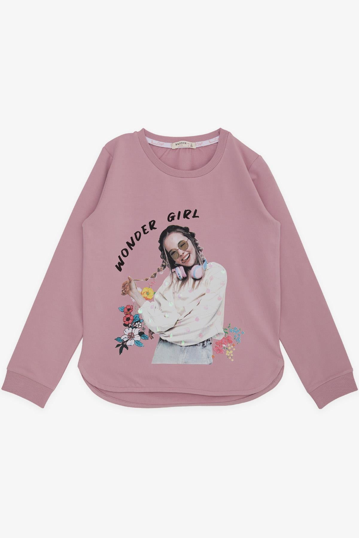 Breeze Kız Çocuk Sweatshirt Harika Kız Yazı Baskılı Çiçekli Gülkurusu (9-14 Yaş)