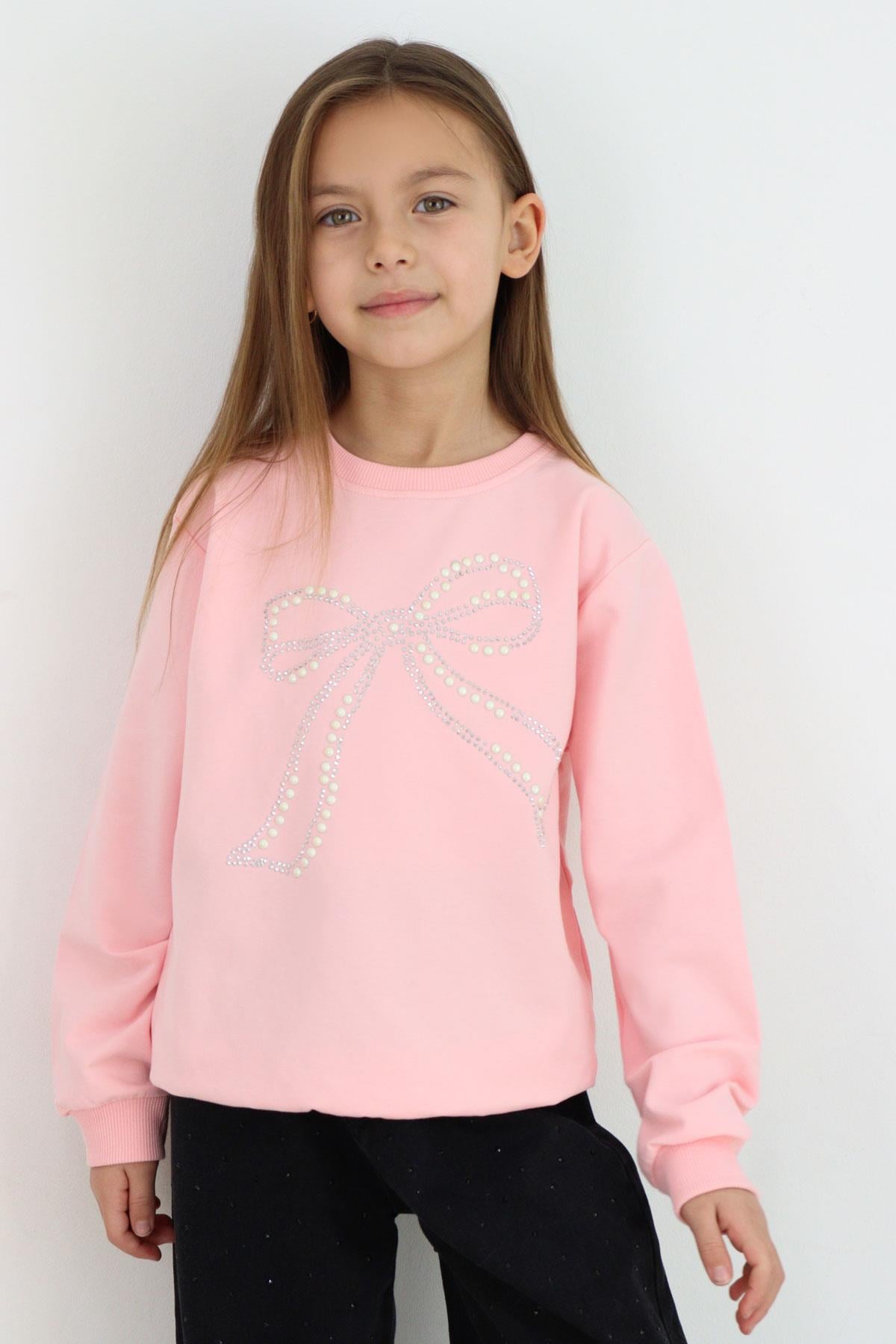Breeze Kız Çocuk Sweatshirt İnci Taş İşlemeli Pembe (7-12 Yaş)