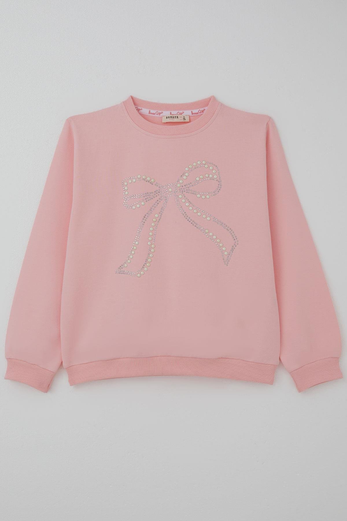Breeze Kız Çocuk Sweatshirt İnci Taş İşlemeli Pembe (7-12 Yaş)