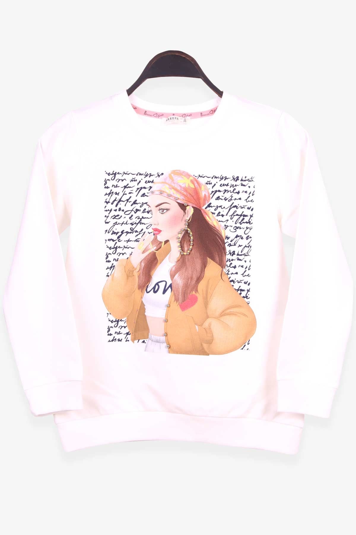 Breeze Kız Çocuk Sweatshirt İncili Baskılı Ekru (10-16 Yaş)
