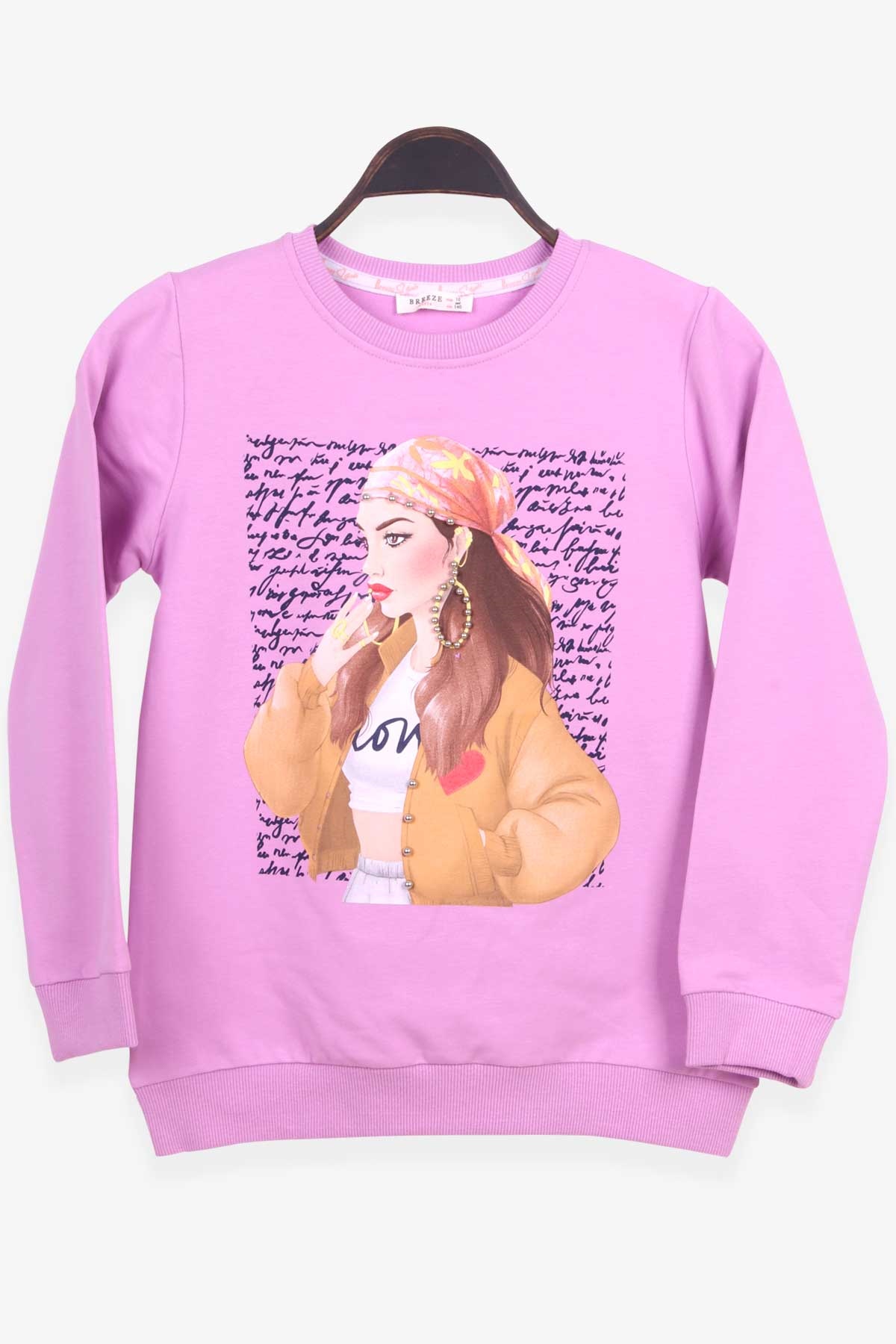 Breeze Kız Çocuk Sweatshirt İncili Baskılı Eflatun (10-16 Yaş)
