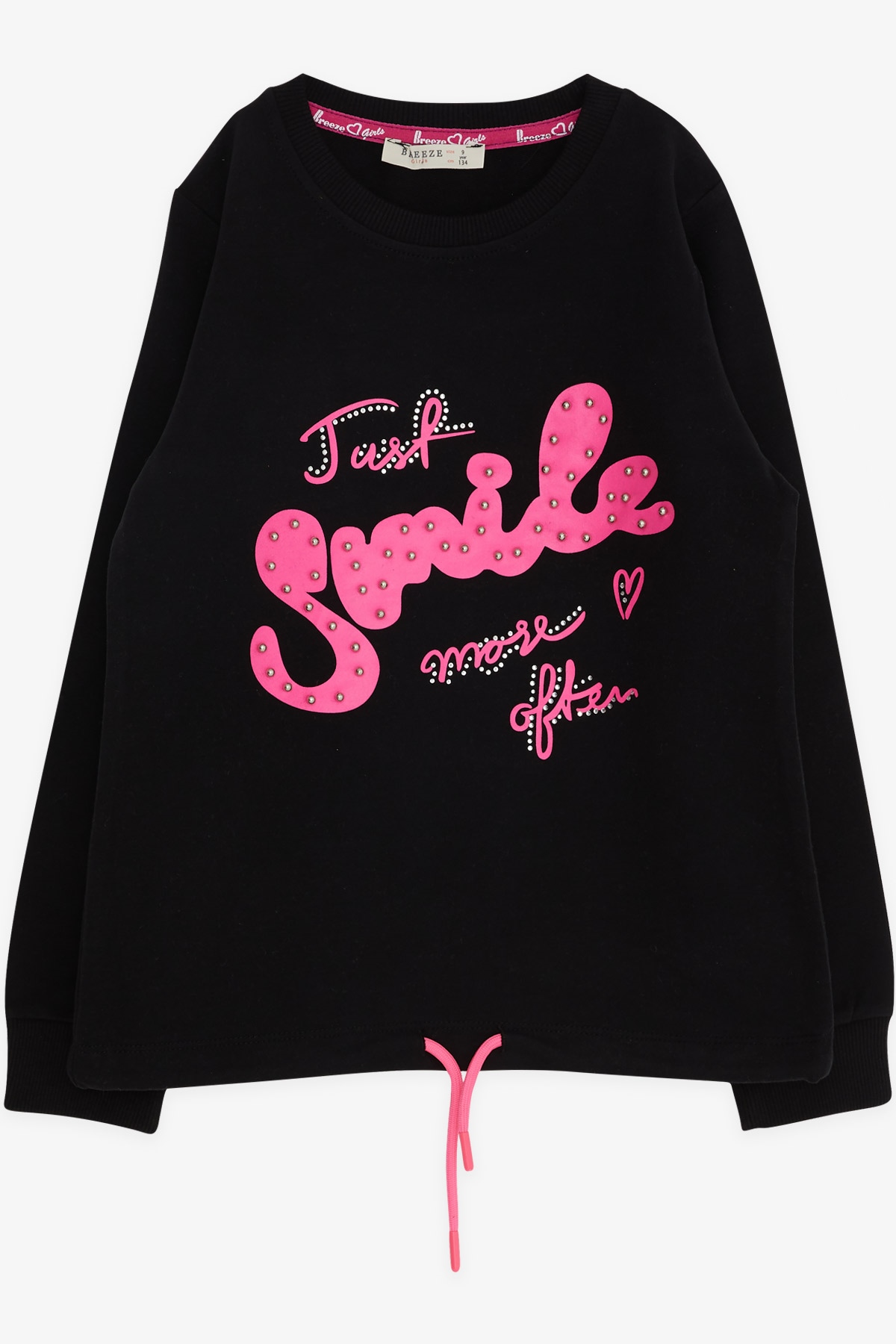 Breeze Kız Çocuk Sweatshirt İncili Taşlı Beli Bağcıklı Siyah (12 Yaş)