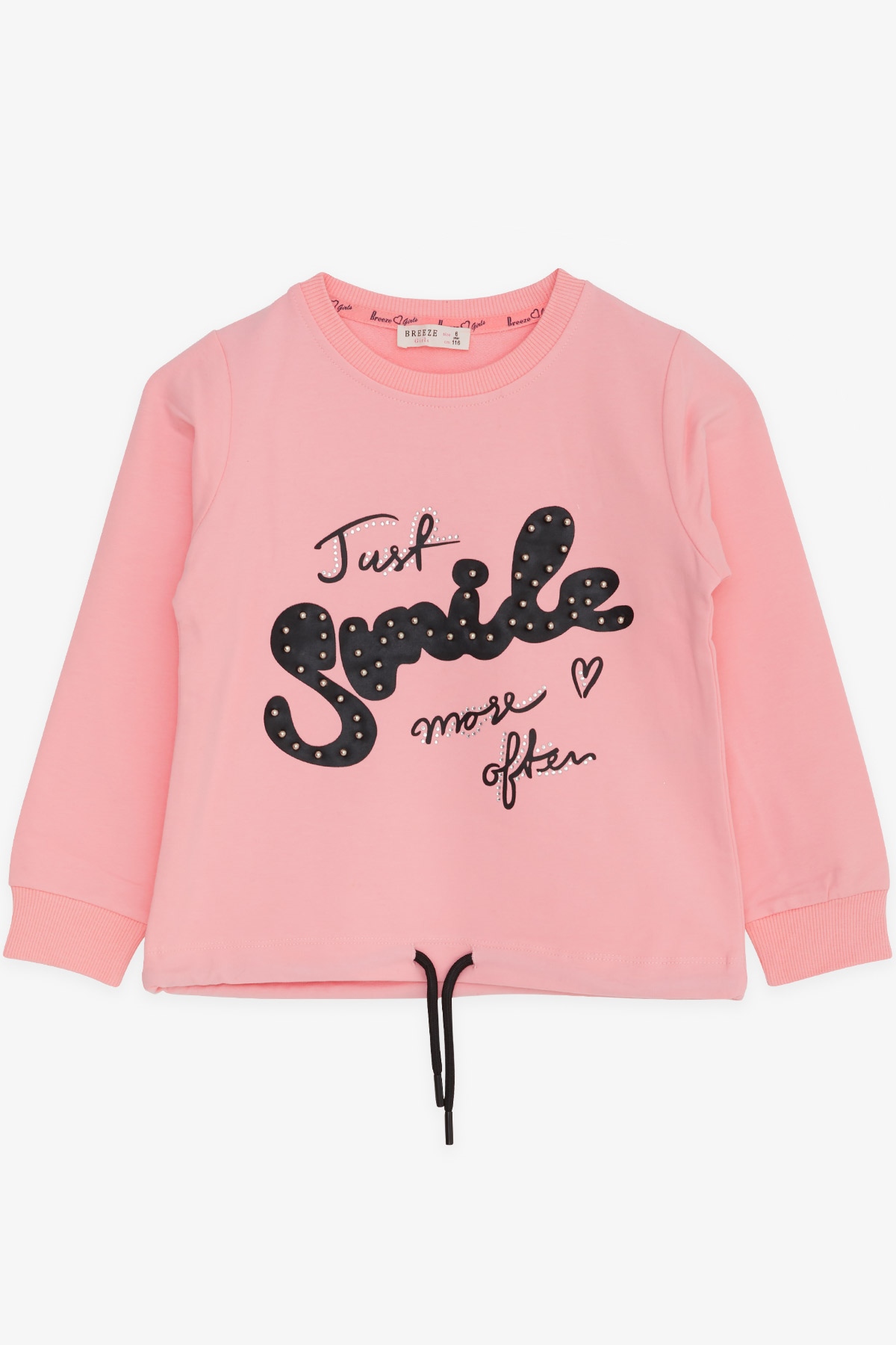 Breeze Kız Çocuk Sweatshirt İncili Taşlı Beli Bağcıklı Pudra (6-12 Yaş)