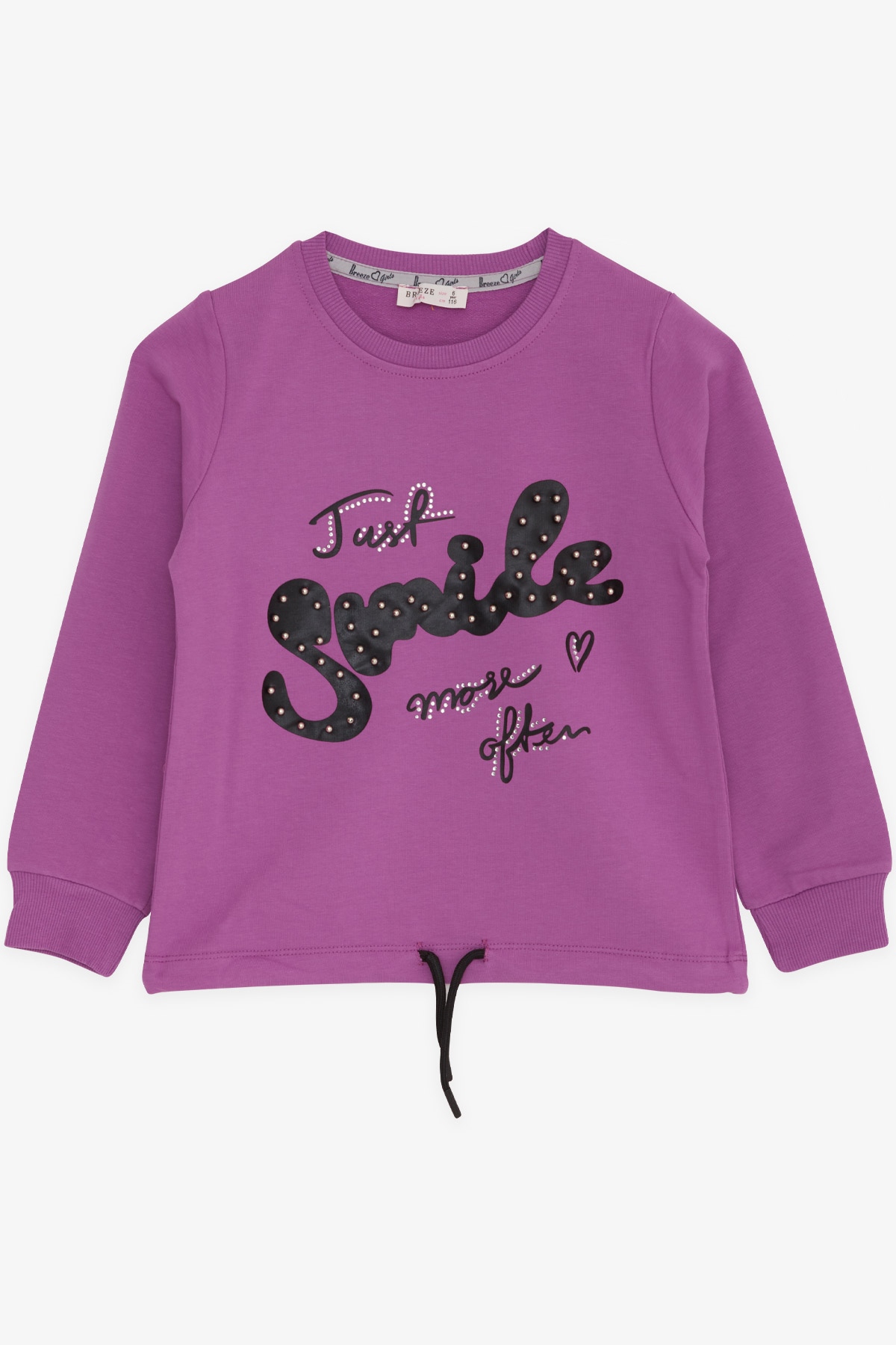 Breeze Kız Çocuk Sweatshirt İncili Taşlı Beli Bağcıklı Mor (6-12 Yaş)