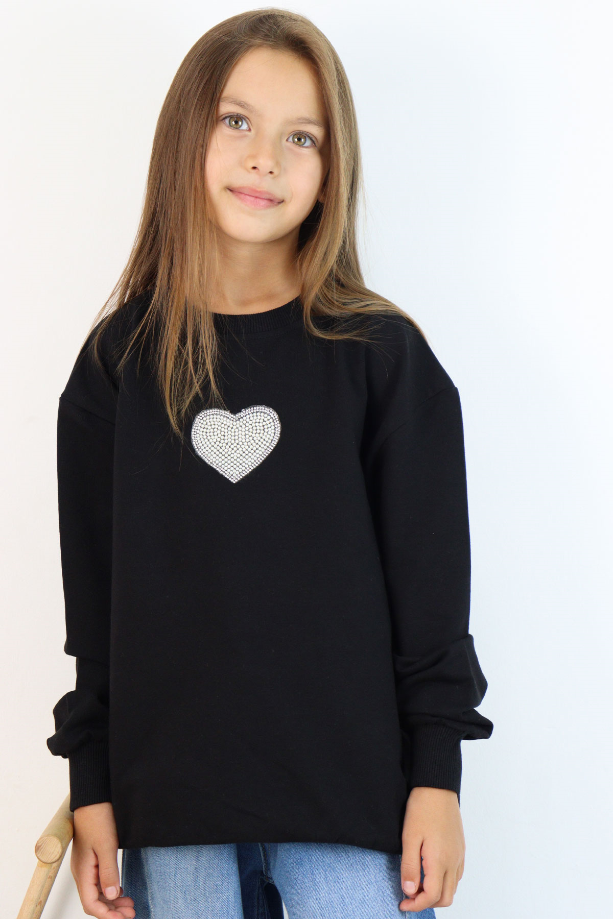 Breeze Kız Çocuk Sweatshirt Işıltılı Kalp Masalı İnci İşlemeli Siyah (9-14 Yaş)