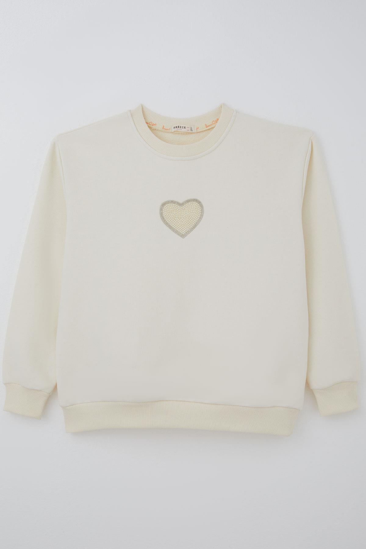 Breeze Kız Çocuk Sweatshirt Işıltılı Kalp Masalı İnci İşlemeli Krem (9-14 Yaş)