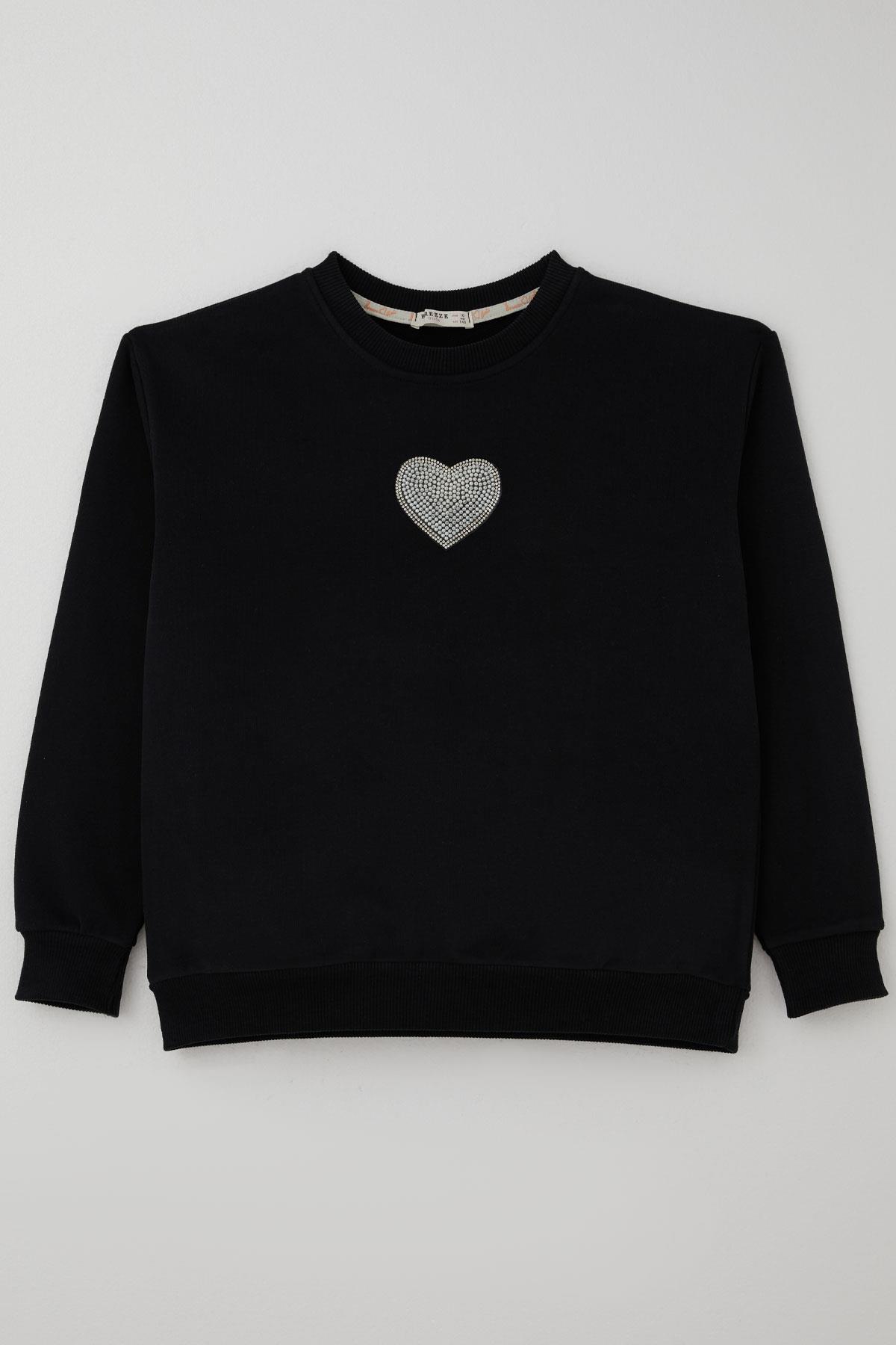 Breeze Kız Çocuk Sweatshirt Işıltılı Kalp Masalı İnci İşlemeli Siyah (9-14 Yaş)