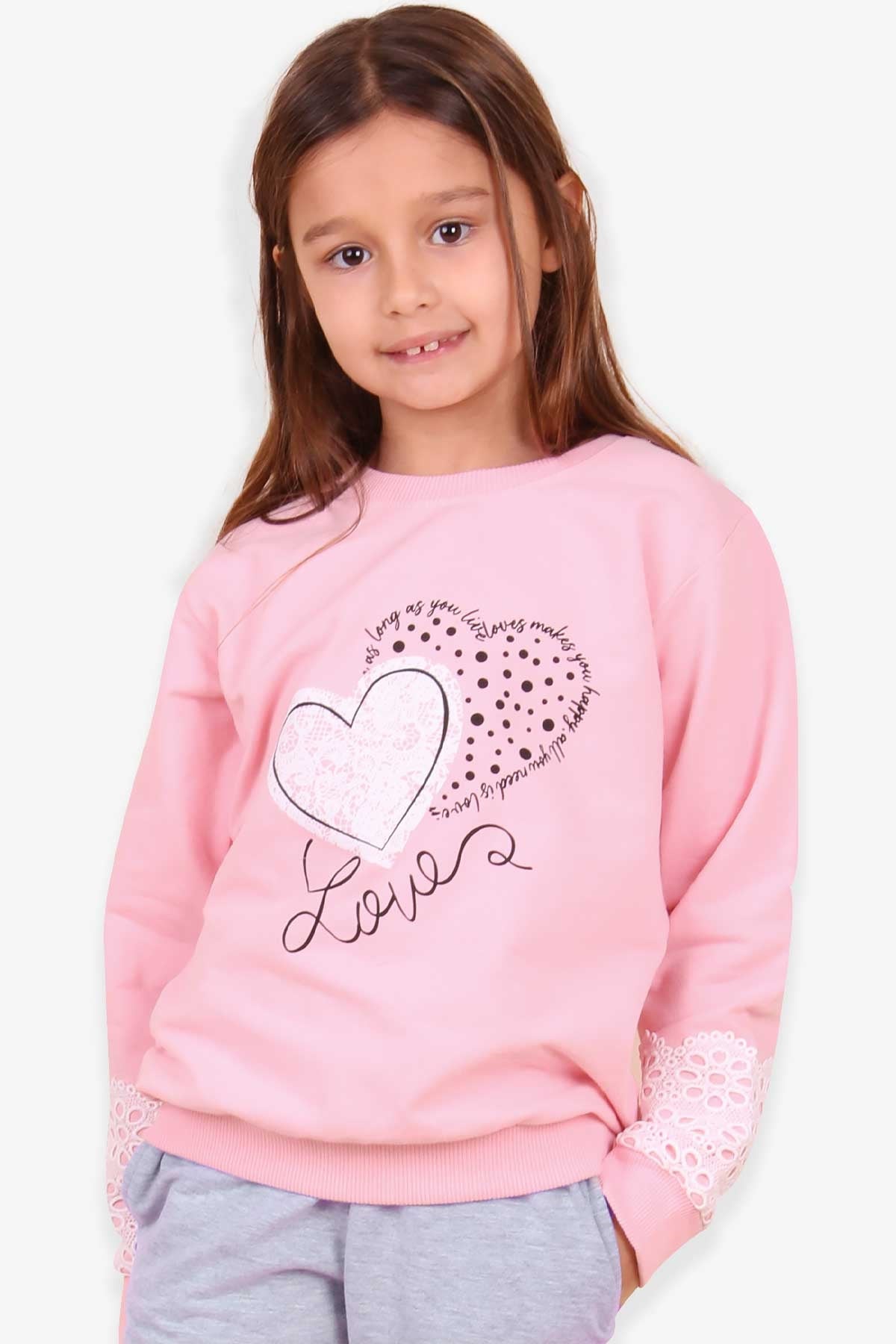 Breeze Kız Çocuk Sweatshirt Kalp Baskılı Pudra (4-9 Yaş)