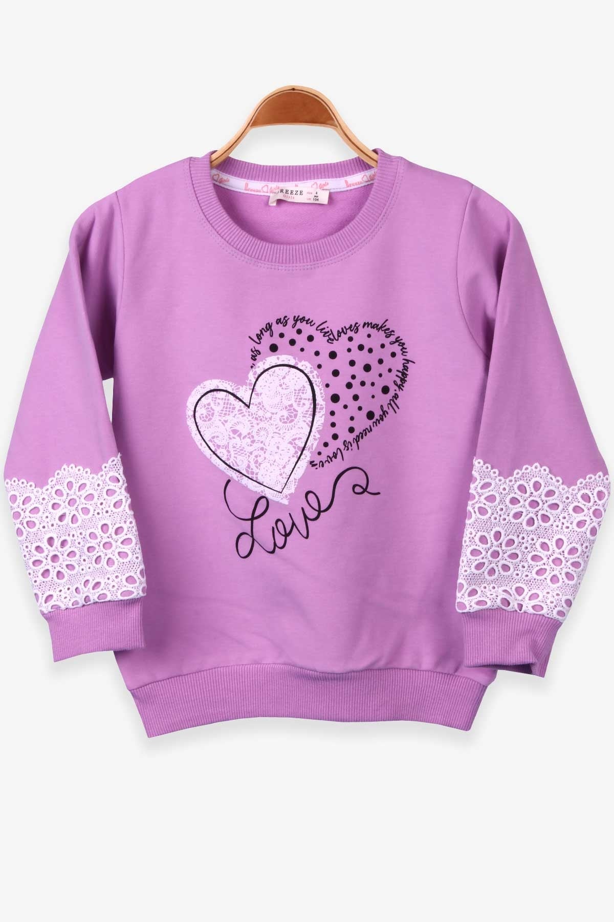 Breeze Kız Çocuk Sweatshirt Kalp Baskılı Eflatun (4-9 Yaş)