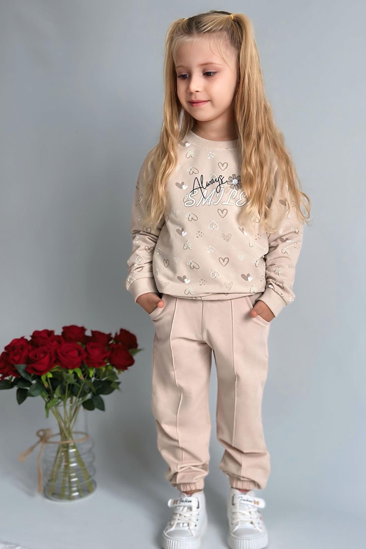 Breeze Kız Çocuk Sweatshirt Kalp Desenli Yazı Baskılı Bej (1.5-5 Yaş)