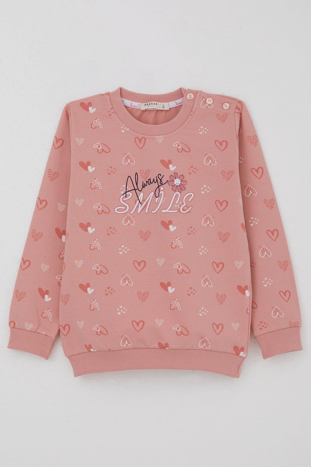 Breeze Kız Çocuk Sweatshirt Kalp Desenli Yazı Baskılı Gülkurusu (1.5-5 Yaş)