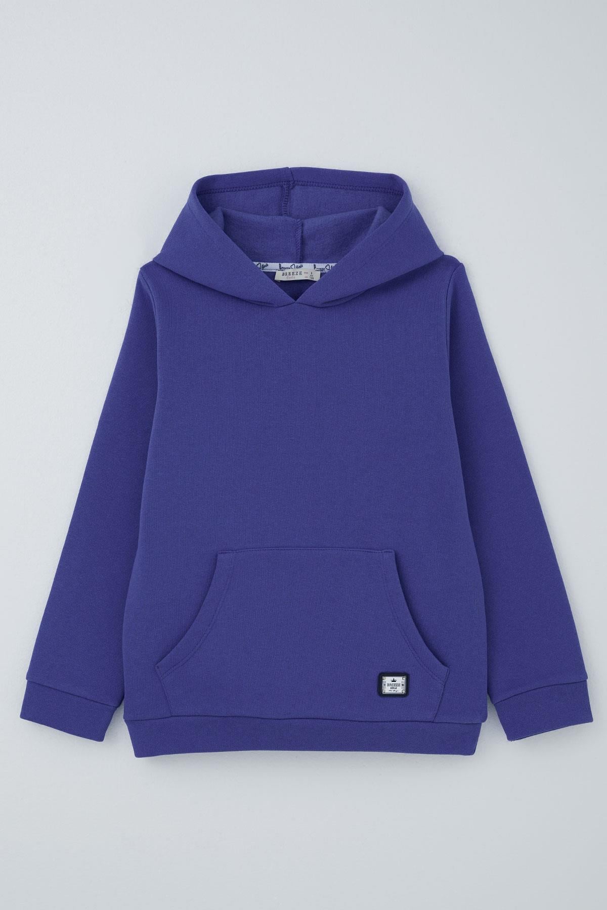 Breeze Kız Çocuk Sweatshirt Kanguru Cepli Armalı Saks Mavisi (4-8 Yaş)