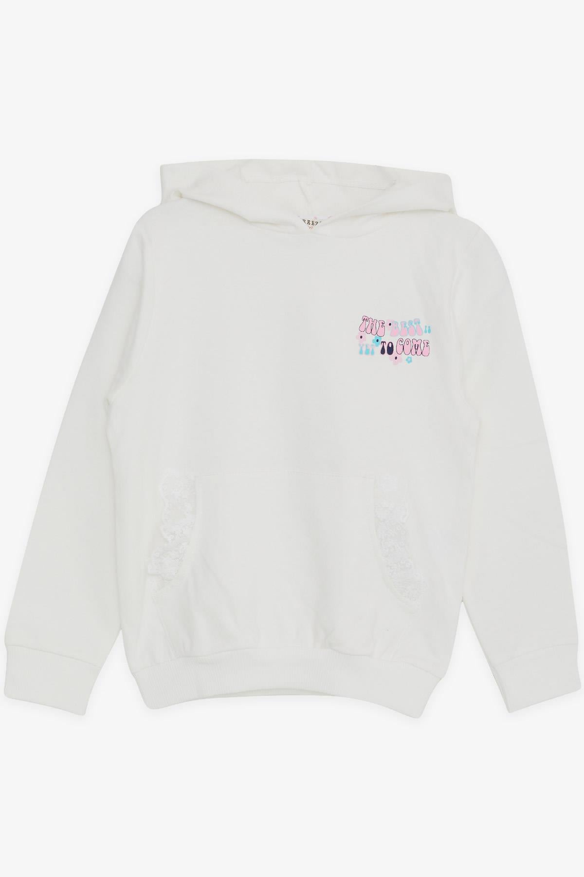 Breeze Kız Çocuk Sweatshirt Kanguru Cepli Yazı Baskılı Güpürlü Ekru (3-8 Yaş)