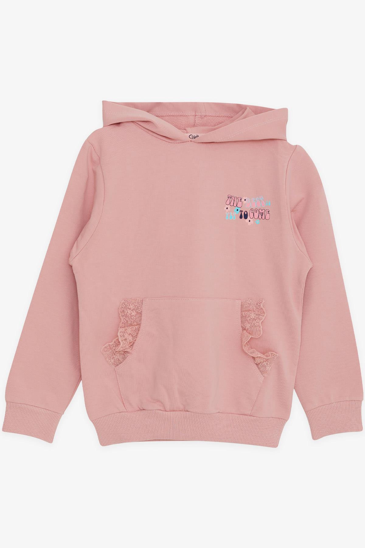 Breeze Kız Çocuk Sweatshirt Kanguru Cepli Yazı Baskılı Güpürlü Gülkurusu (3-8 Yaş)