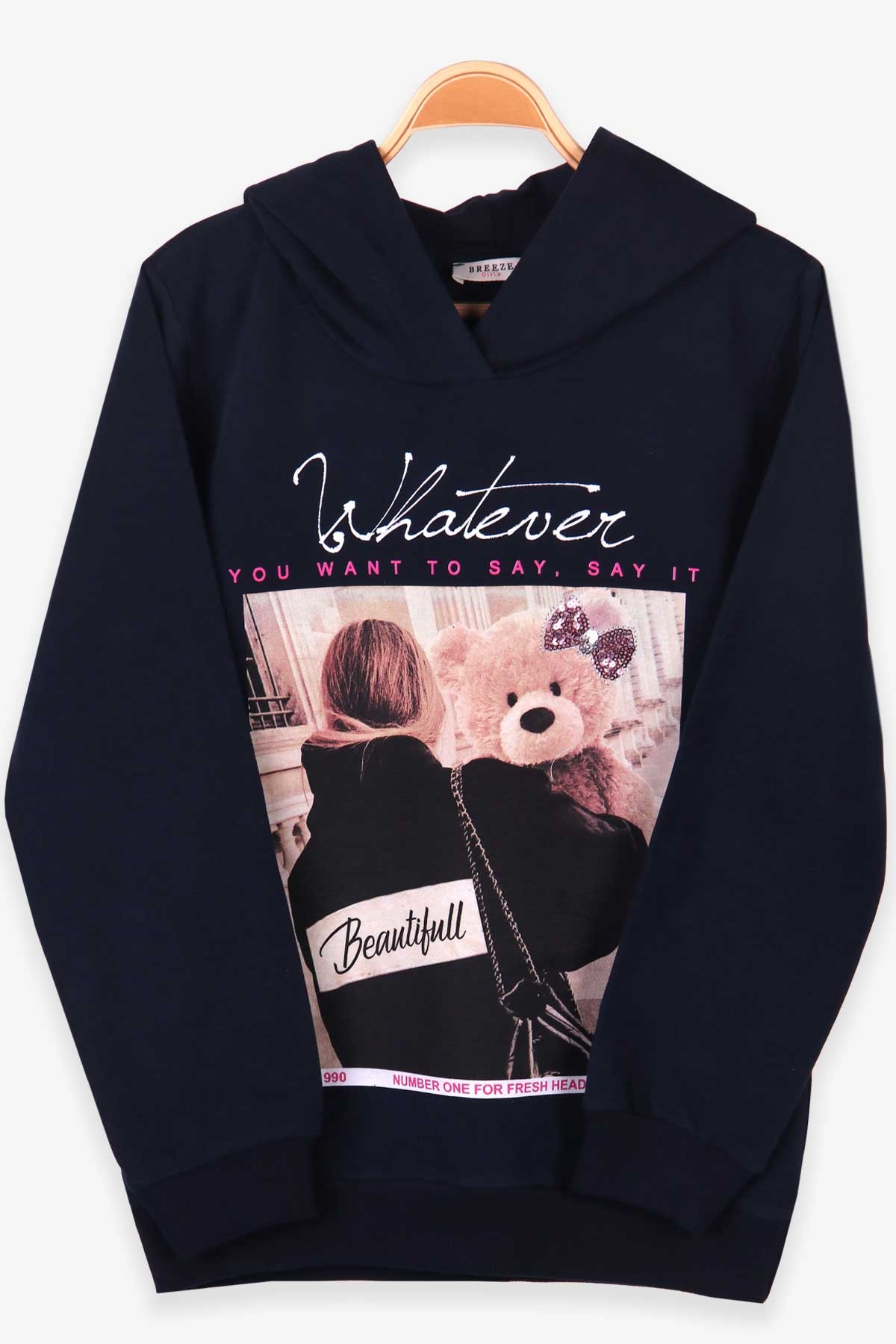 Breeze Kız Çocuk Sweatshirt Kapüşonlu Baskılı Lacivert (9-14 Yaş)