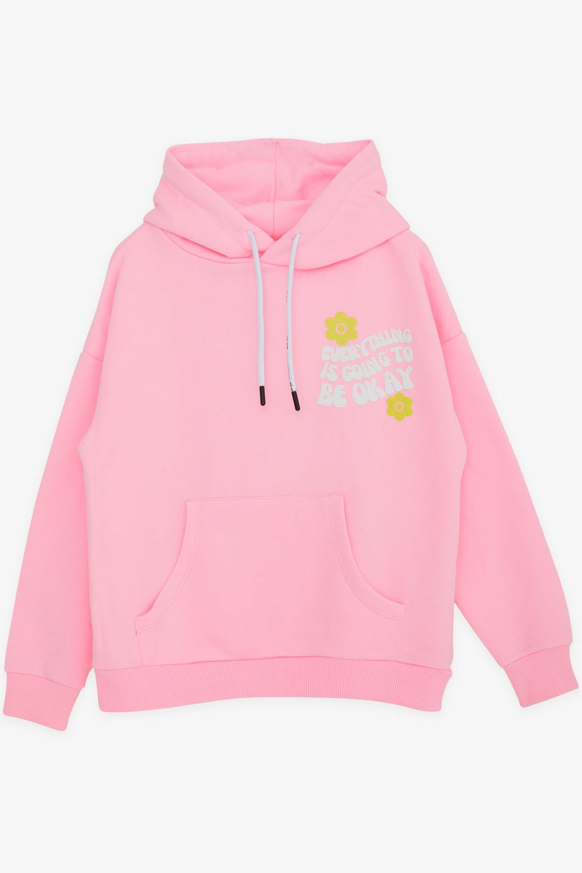 Breeze Kız Çocuk Sweatshirt Kapüşonlu Yazı Baskılı Pudra (8-14 Yaş)