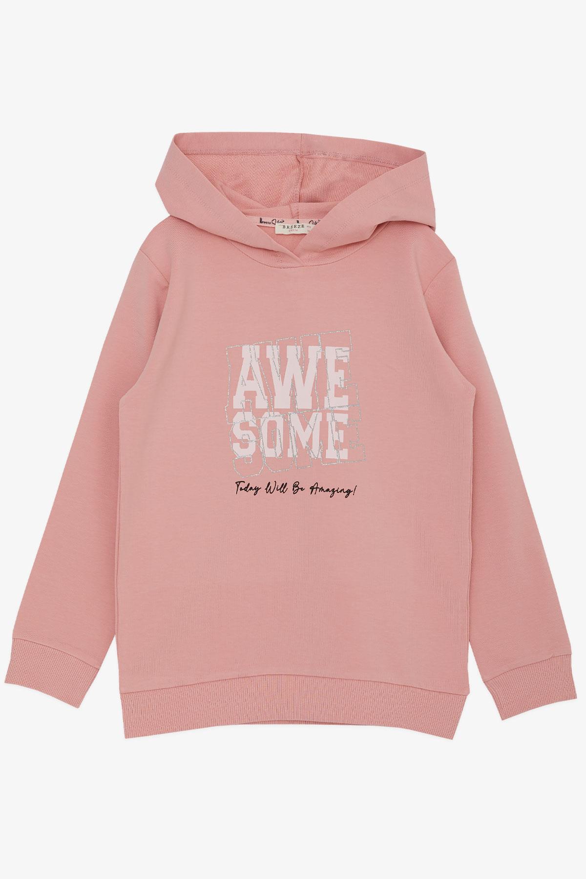 Breeze Kız Çocuk Sweatshirt Kapüşonlu Simli Yazı Baskılı Gülkurusu (5-10 Yaş)