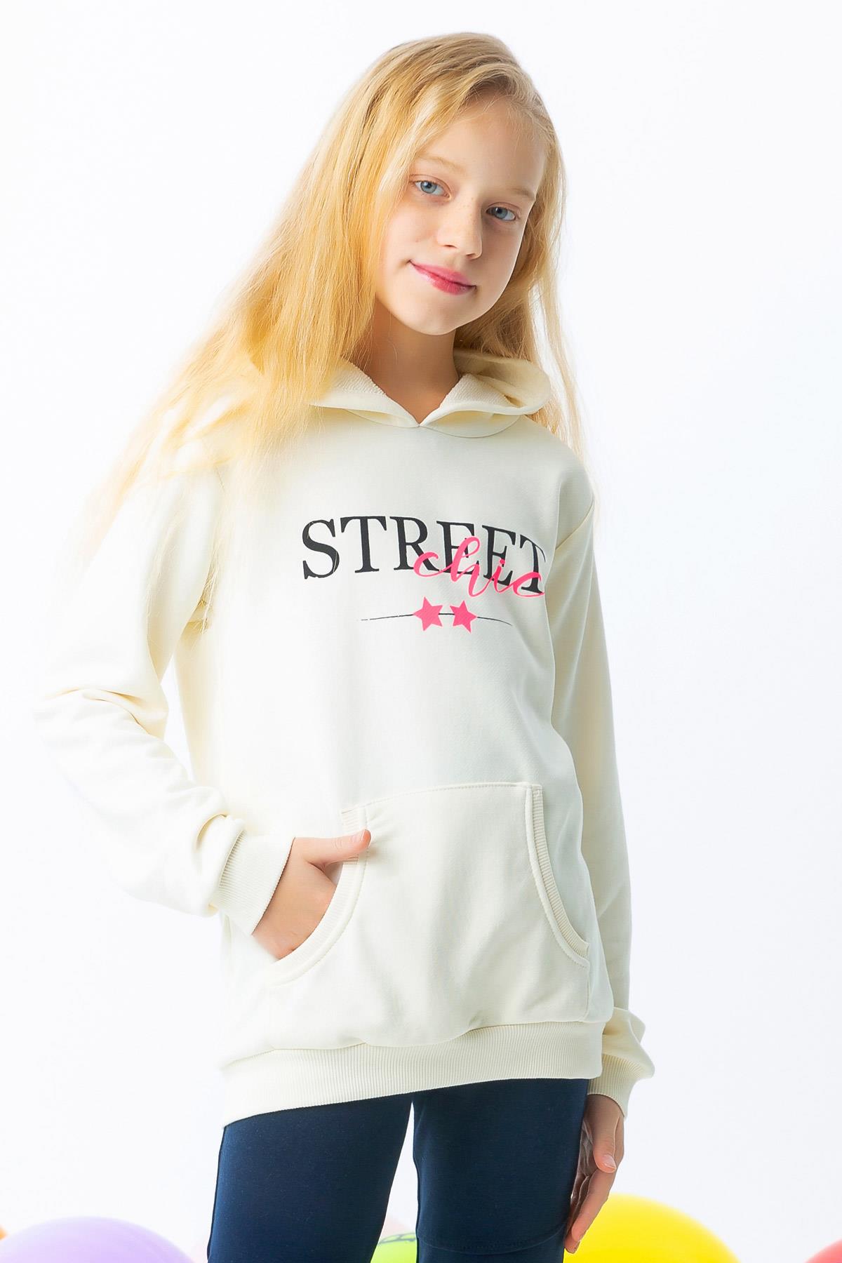 Breeze Kız Çocuk Sweatshirt Kapüşonlu Yazı Baskılı Krem (8 Yaş)