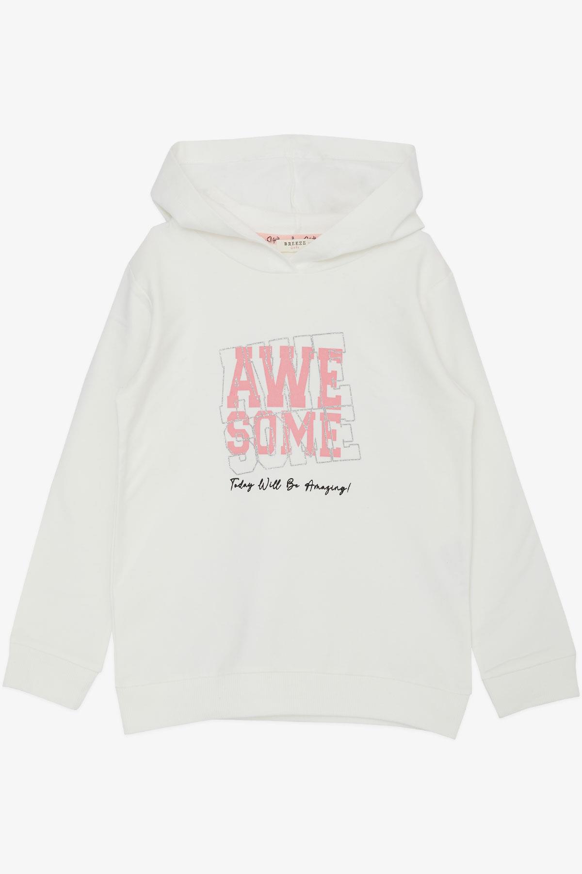 Breeze Kız Çocuk Sweatshirt Kapüşonlu Simli Yazı Baskılı Ekru (5-10 Yaş)