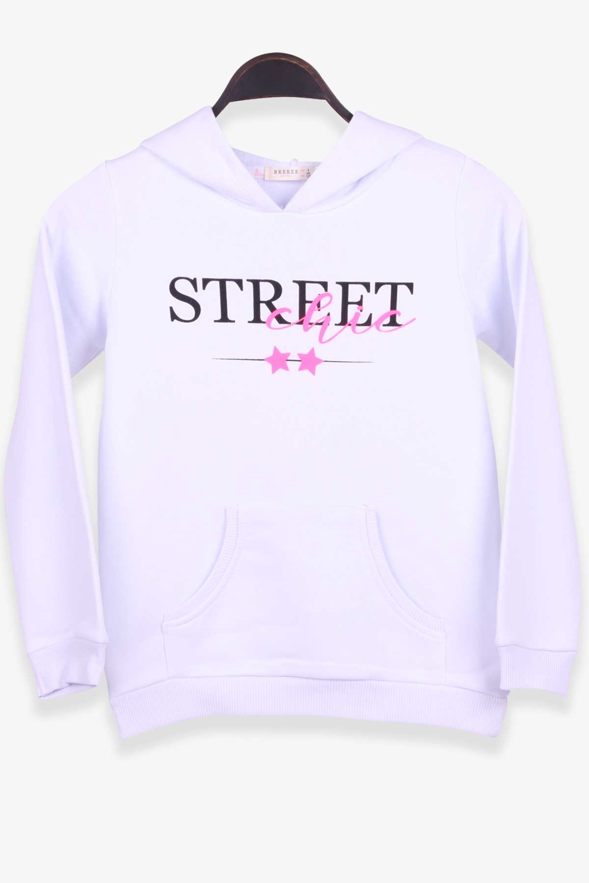 Breeze Kız Çocuk Sweatshirt Kapüşonlu Yazı Baskılı Beyaz (8-14 Yaş)