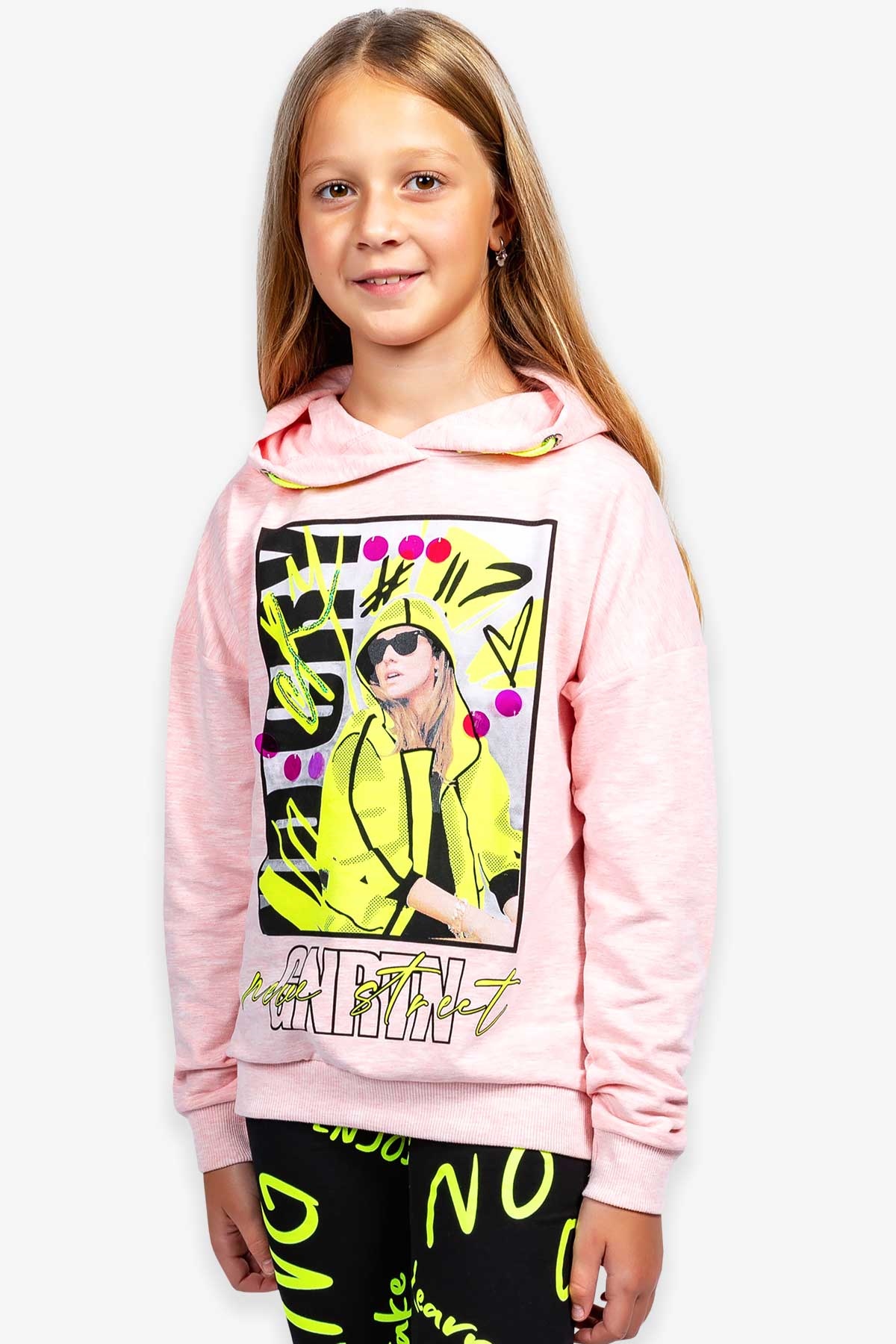 Breeze Kız Çocuk Sweatshirt Kapüşonlu Baskılı Somon Melanj (9-14 Yaş)