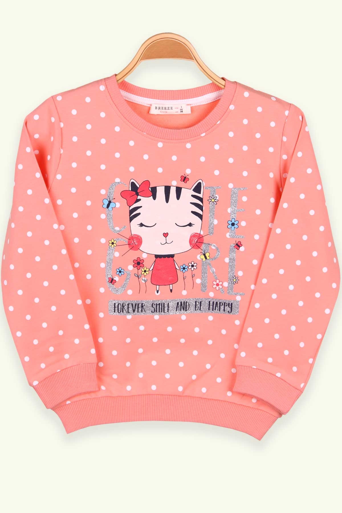Breeze Kız Çocuk Sweatshirt Kedi Baskılı Puantiyeli Somon (3-7 Yaş)