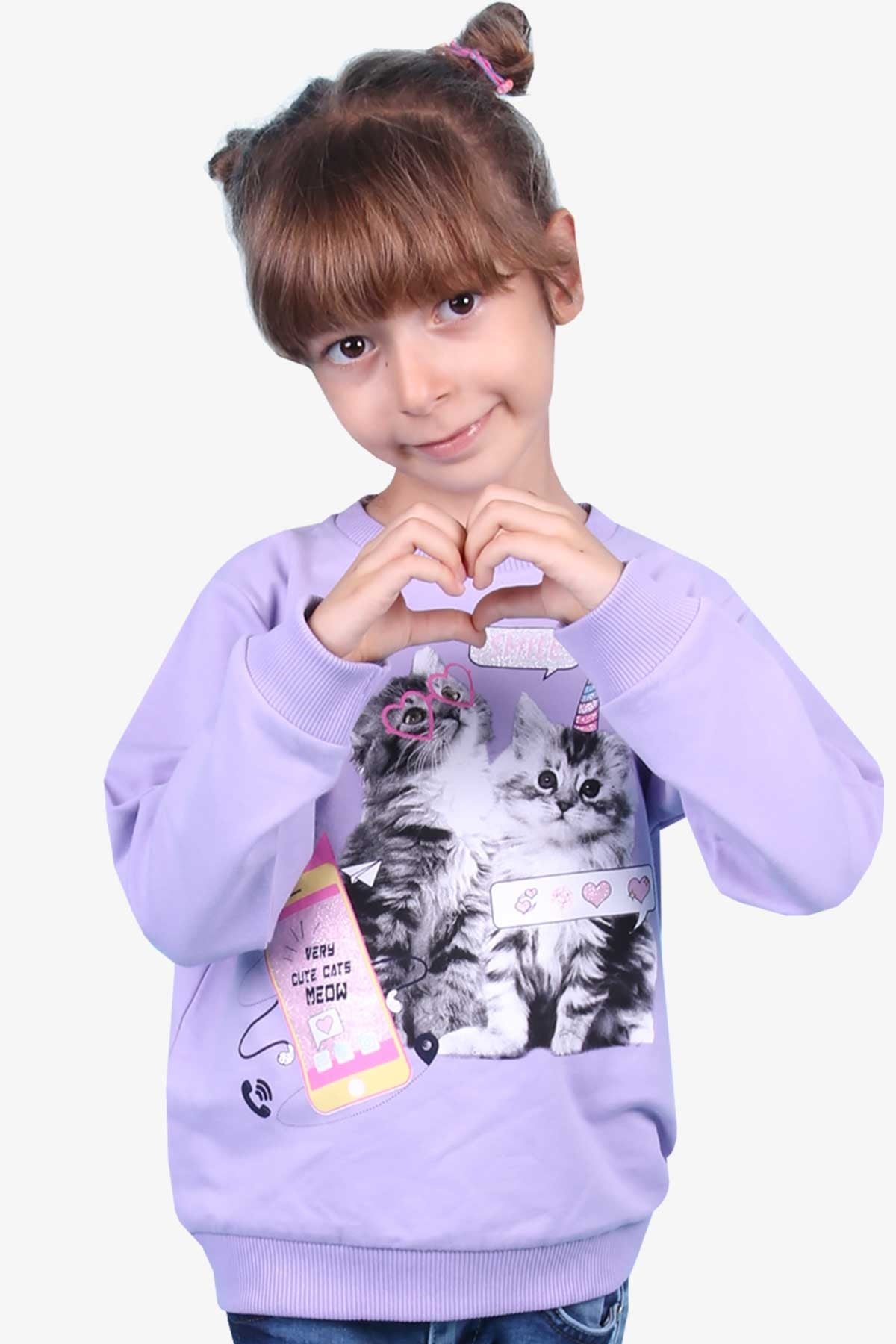 Breeze Kız Çocuk Sweatshirt Kedi Baskılı Lila (3-5 Yaş)