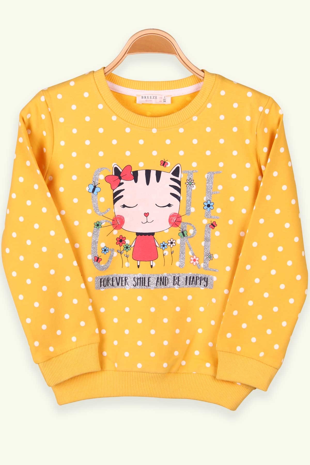 Breeze Kız Çocuk Sweatshirt Kedi Baskılı Puantiyeli Sarı (3-7 Yaş)