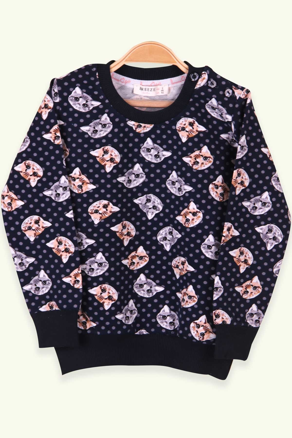 Breeze Kız Çocuk Sweatshirt Kedi Desenli Lacivert (2-6 Yaş)