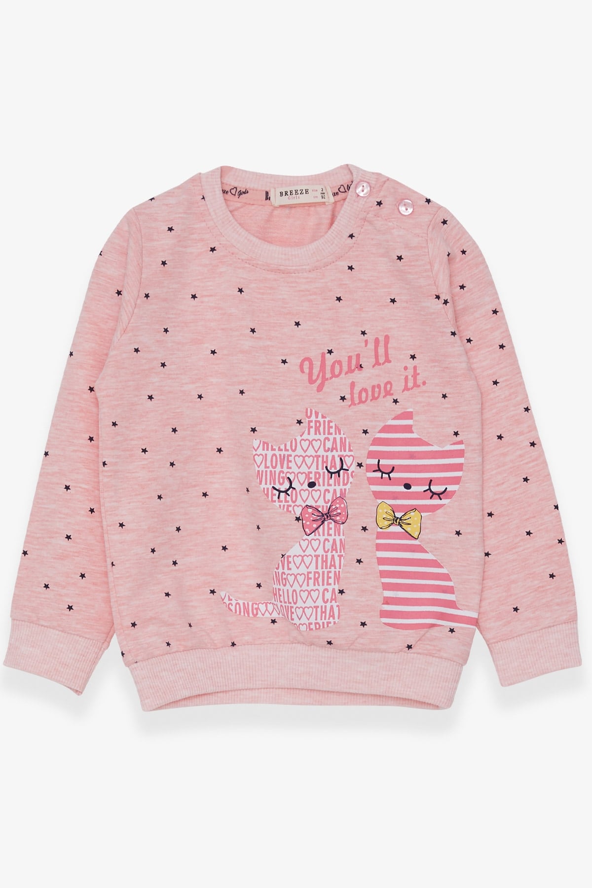 Breeze Kız Çocuk Sweatshirt Kedicik Baskılı Somon Melanj (2-6 Yaş)