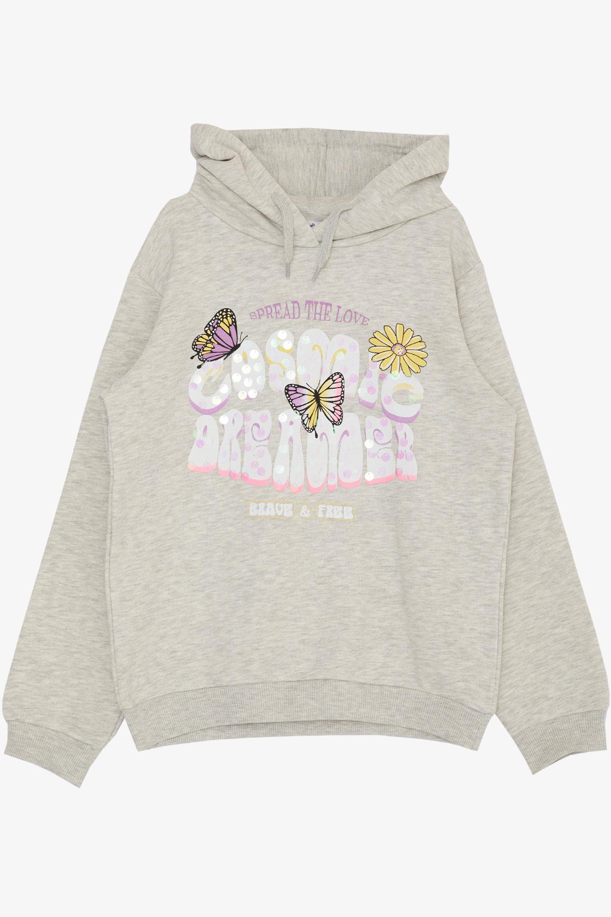 Breeze Kız Çocuk Sweatshirt Kelebek Baskılı Çiçekli Bej Melanj (7-12 Yaş)