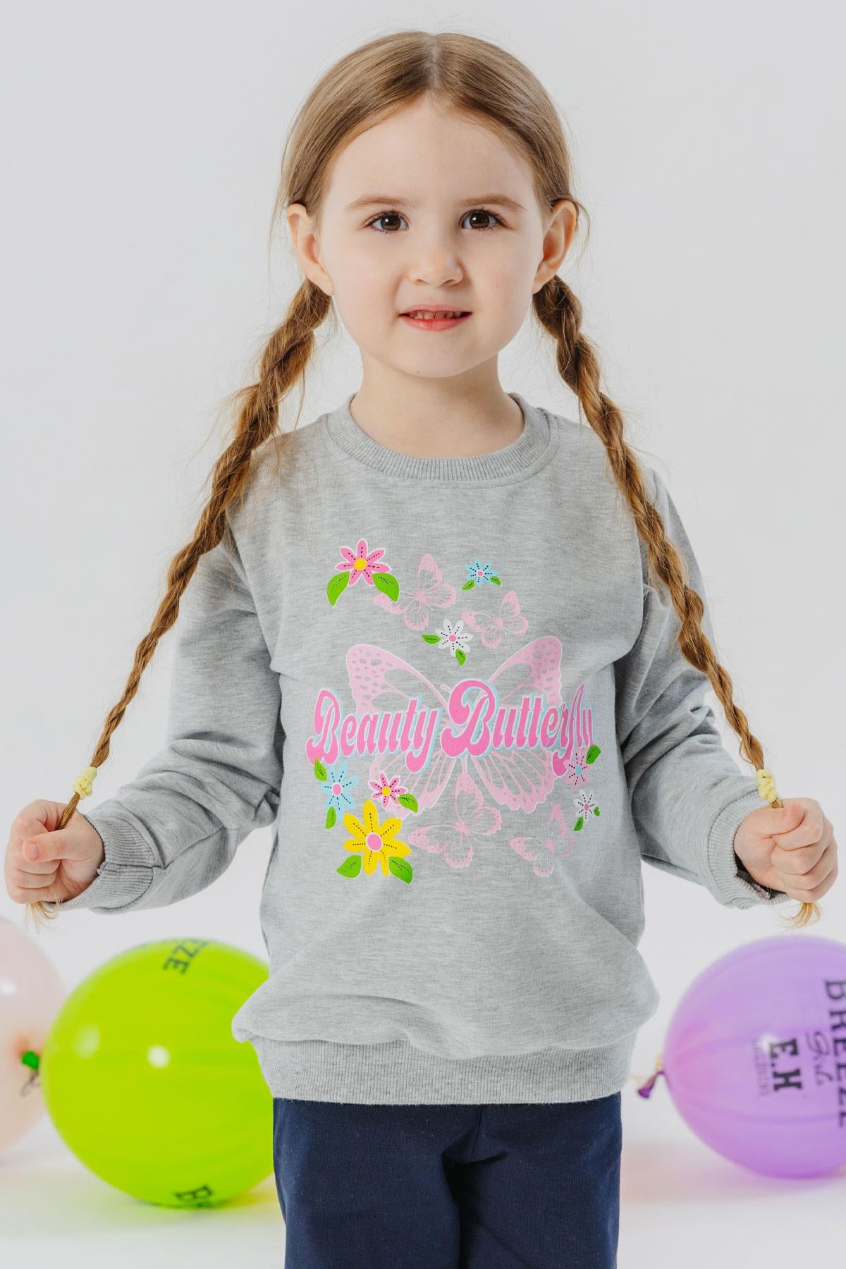 Breeze Kız Çocuk Sweatshirt Kelebek Baskılı Açık Gri Melanj (3-8 Yaş)