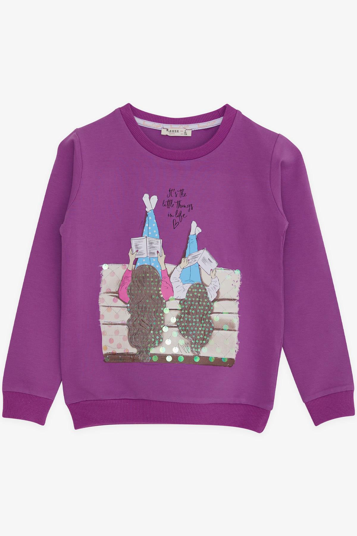 Breeze Kız Çocuk Sweatshirt Kız Baskılı Pullu Eflatun (8-14 Yaş)