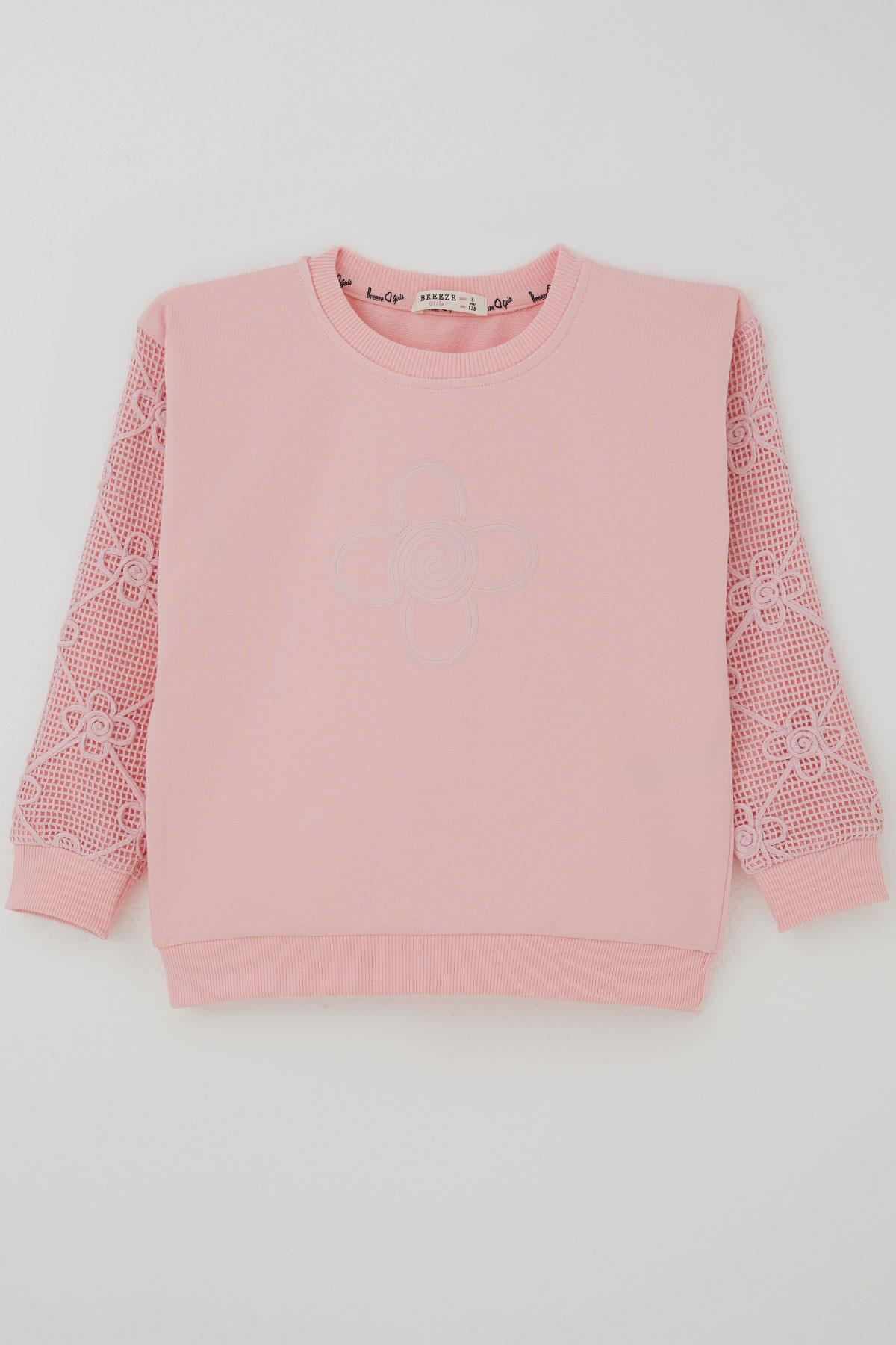 Breeze Kız Çocuk Sweatshirt Kolları Çiçek Aplike İşlemeli File Detaylı Pembe (5-10 Yaş)