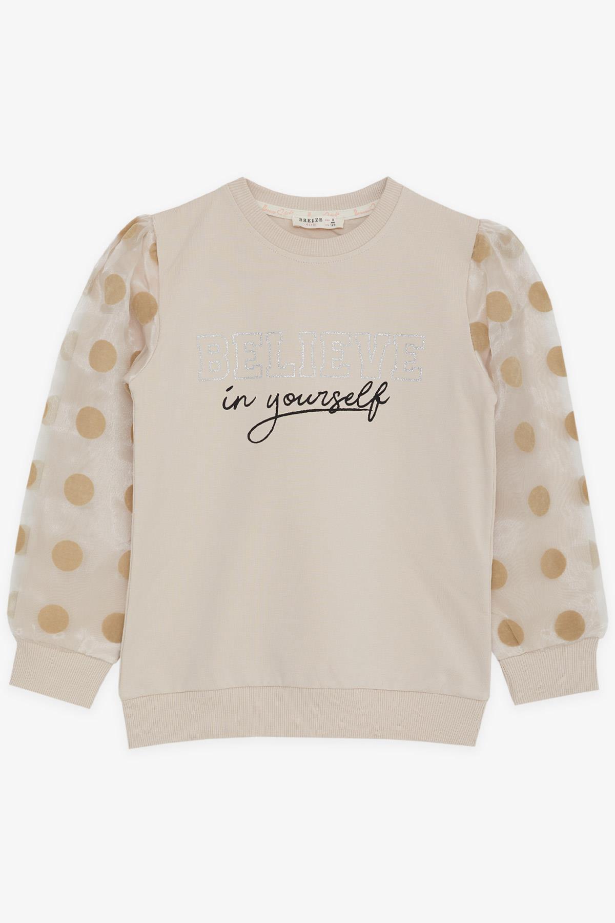 Breeze Kız Çocuk Sweatshirt Kolları Tüllü Simli Yazı Baskılı Puanlı Bej (6-12 Yaş)