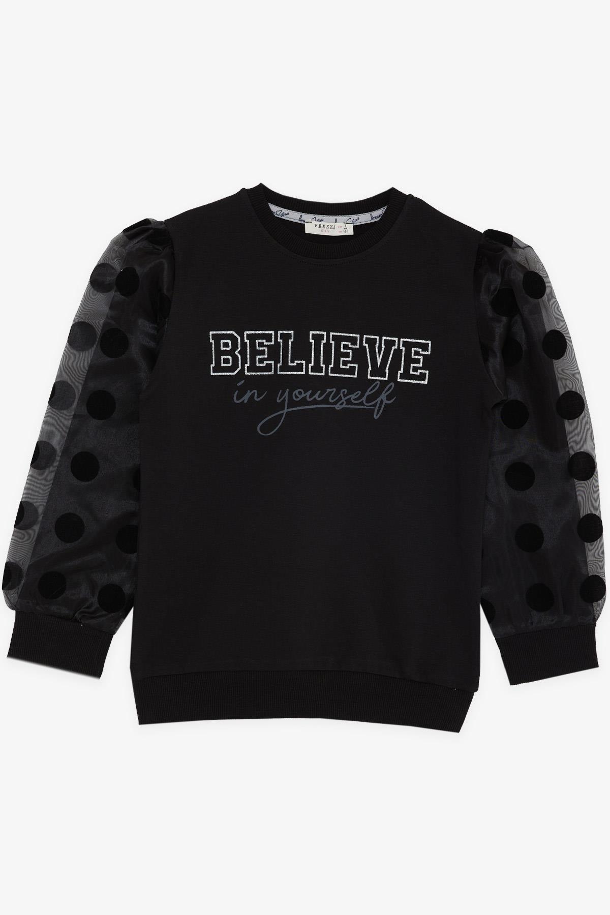 Breeze Kız Çocuk Sweatshirt Kolları Tüllü Simli Yazı Baskılı Puanlı Siyah (6-12 Yaş)
