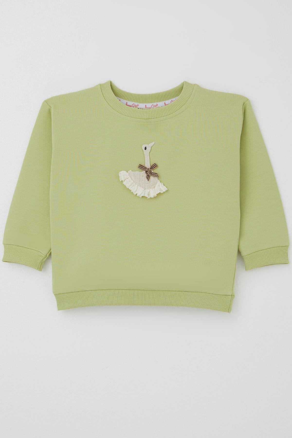 Breeze Kız Çocuk Sweatshirt Kuğu Armalı Fiyonk Detaylı Fıstık Yeşili (2-6 Yaş)