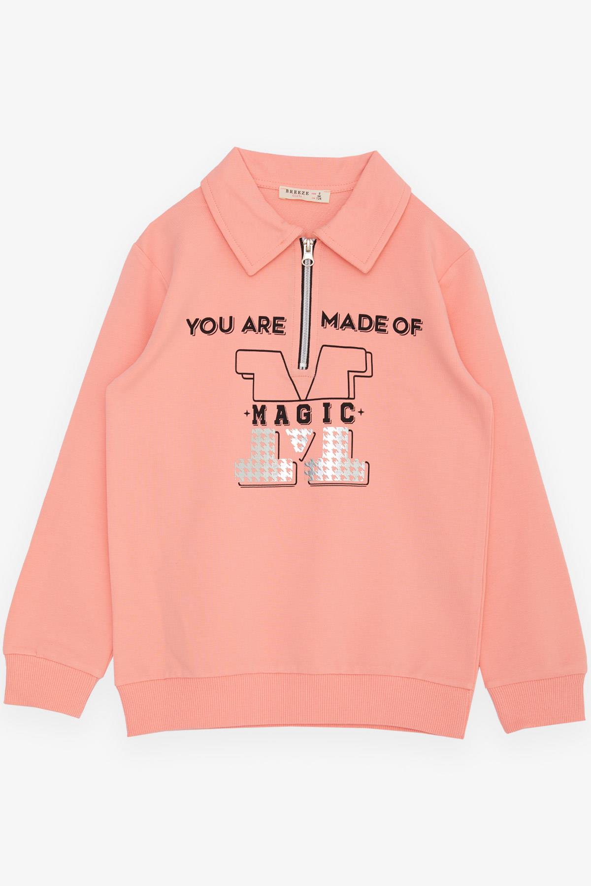 Breeze Kız Çocuk Sweatshirt Magıc Yazı Baskılı Yarım Fermuarlı Polo Yaka Somon (8-14 Yaş)