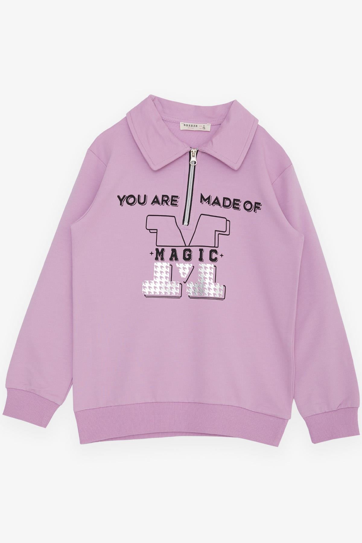 Breeze Kız Çocuk Sweatshirt Magıc Yazı Baskılı Yarım Fermuarlı Polo Yaka Lila (8-14 Yaş)