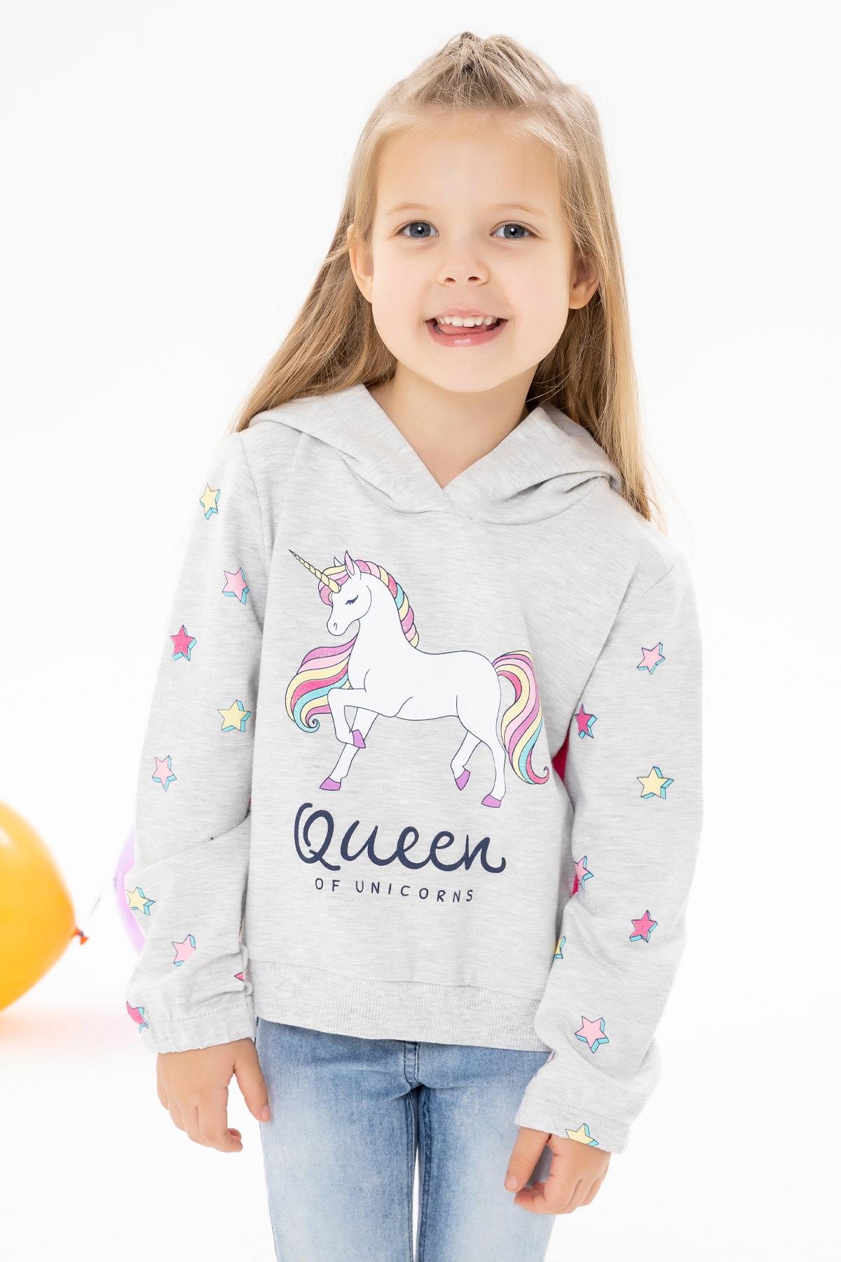 Breeze Kız Çocuk Sweatshirt Maskeli Unicorn Açık Gri Melanj (2 Yaş)