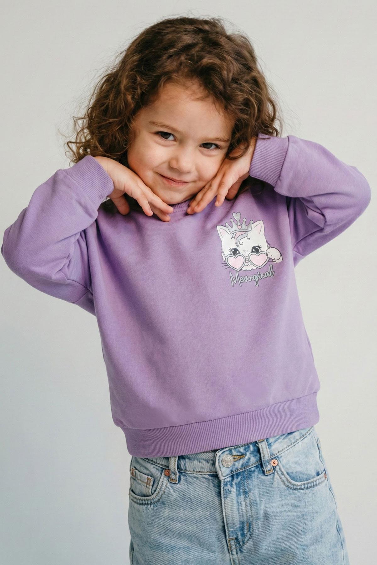 Breeze Kız Çocuk Sweatshirt Minik Taçlı Kedi Prenses Baskılı Sırt Baskı Detaylı Lila (1.5-5 Yaş)