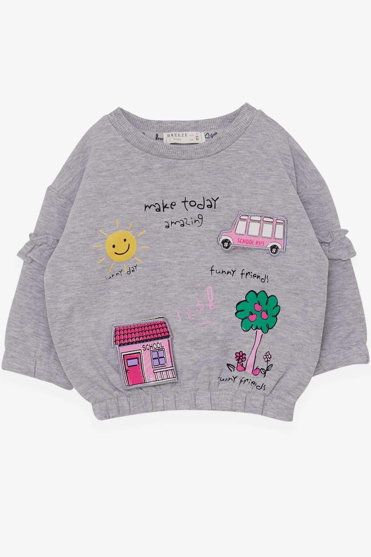 Breeze Kız Çocuk Sweatshirt Okul Temalı Gri Melanj (1-4 Yaş)