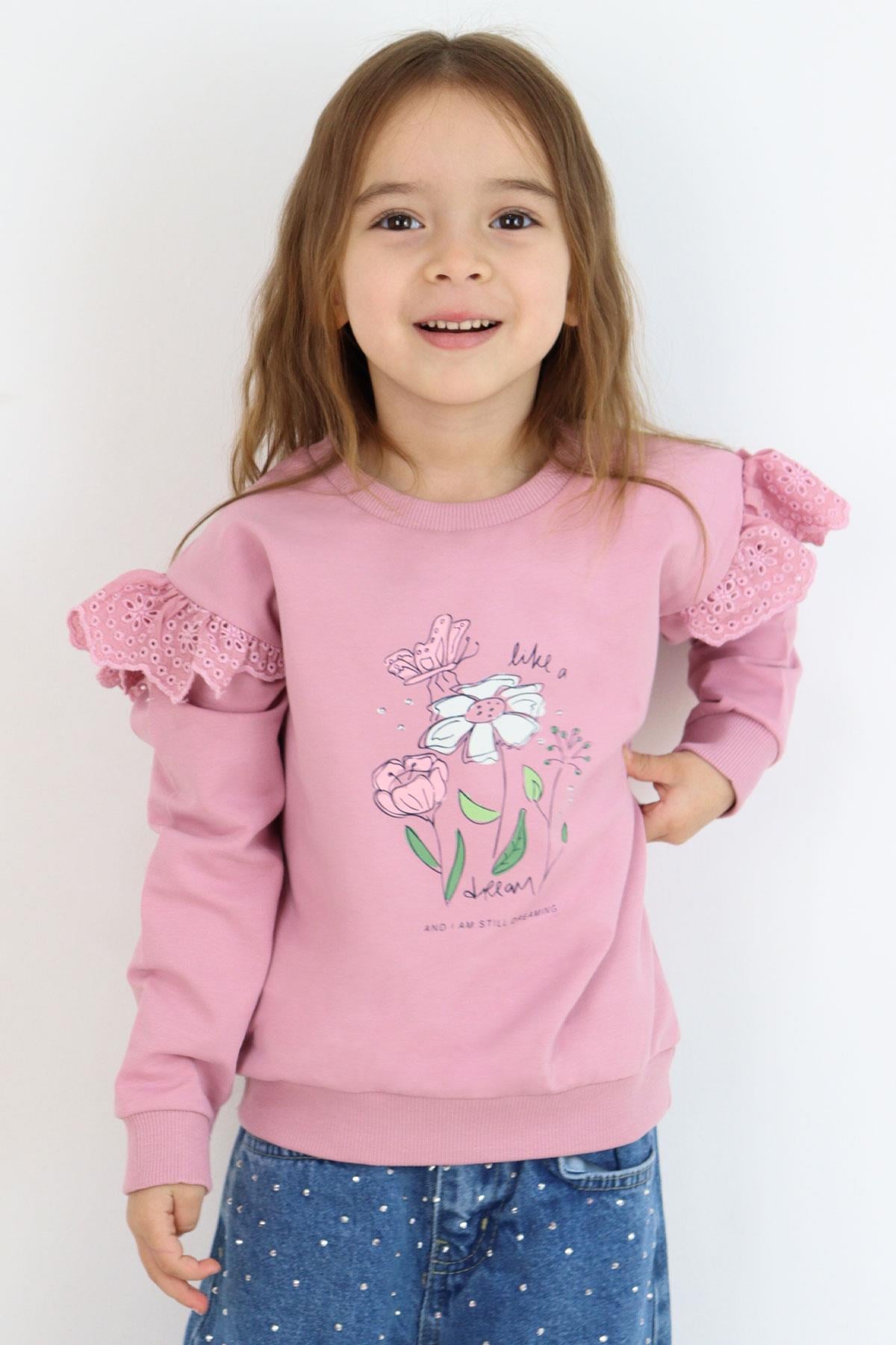 Breeze Kız Çocuk Sweatshirt Omuzları Çiçek Nakış Detaylı Çiçek Baskılı Gülkurusu (2-6 Yaş)