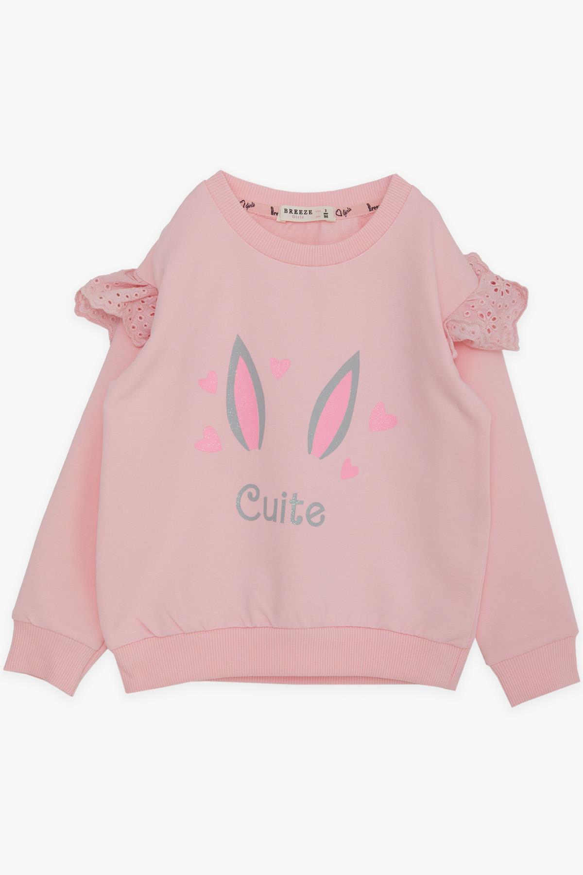 Breeze Kız Çocuk Sweatshirt Omuzu Güpürlü Simli Kalp Baskılı Pembe (2-6 Yaş)