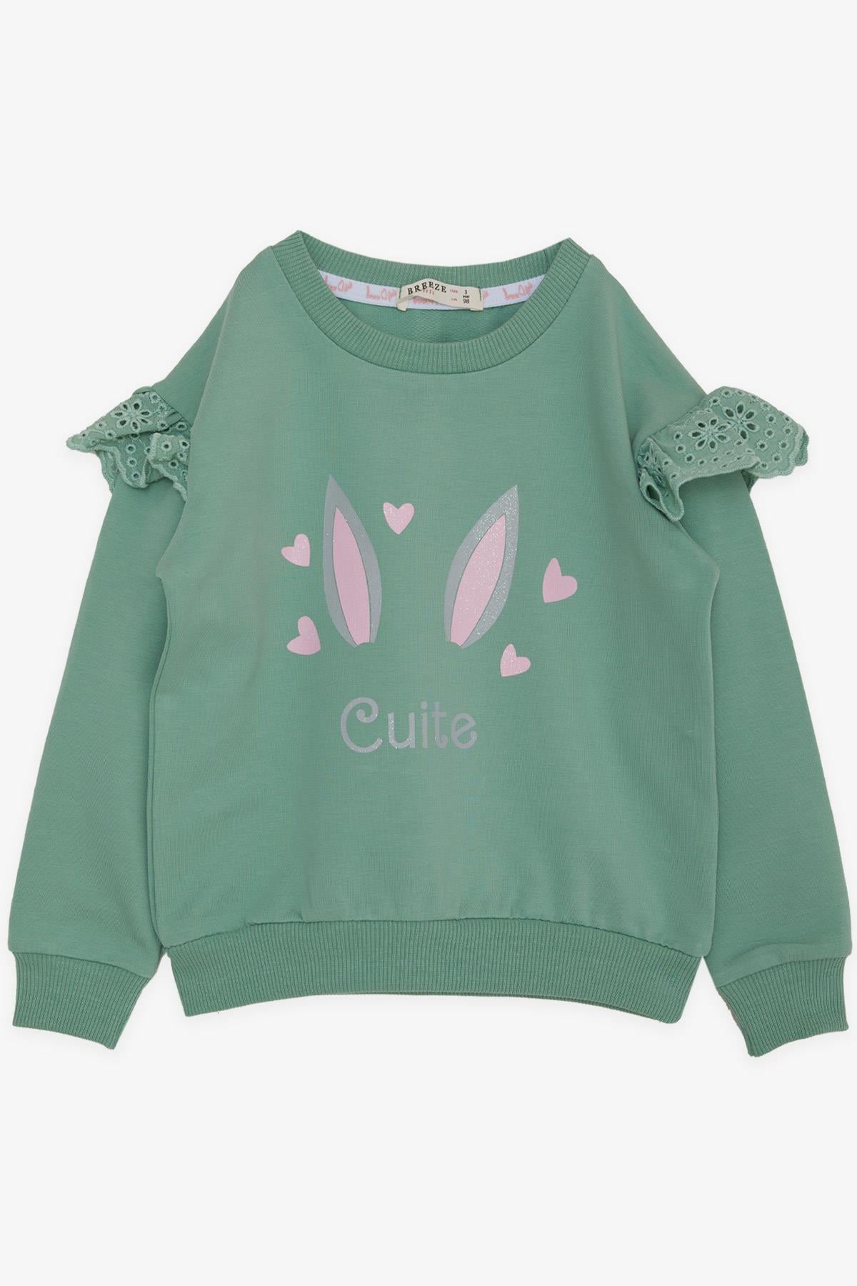 Breeze Kız Çocuk Sweatshirt Omuzu Güpürlü Simli Kalp Baskılı Mint Yeşili (2-6 Yaş)