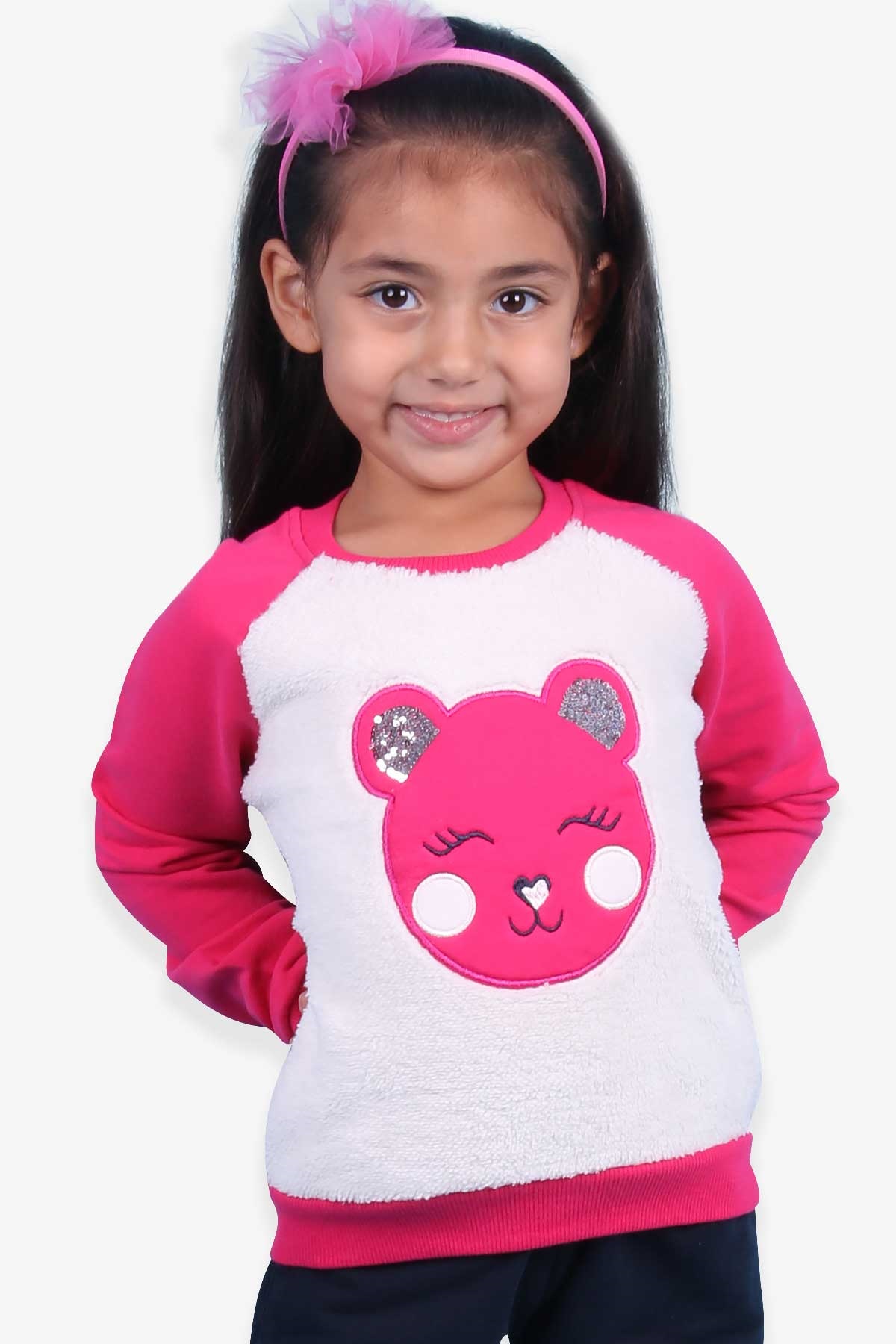 Breeze Kız Çocuk Sweatshirt Peluşlu Ayıcıklı Fuşya (3-5 Yaş)